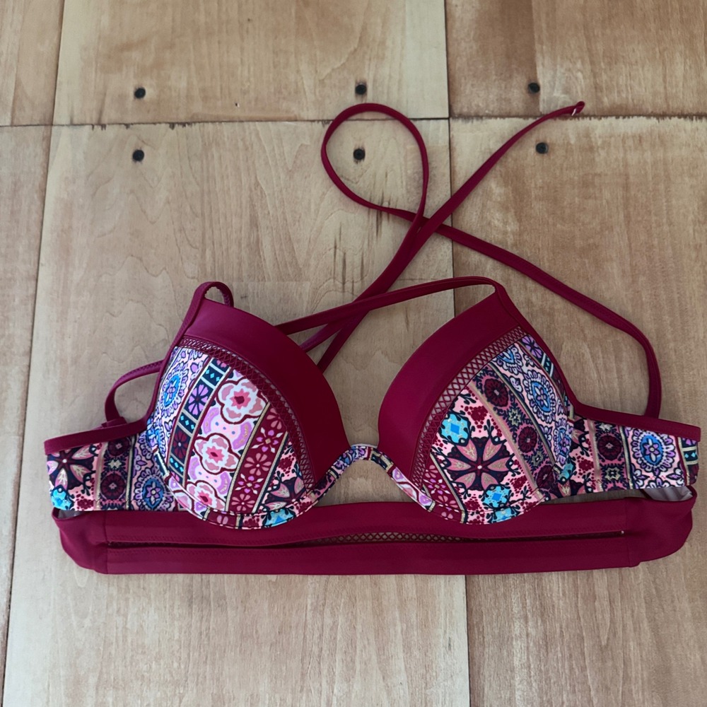 Shade & Shore Boho Geometric Push Up Bikini Top 34B Underwire Strappy Back